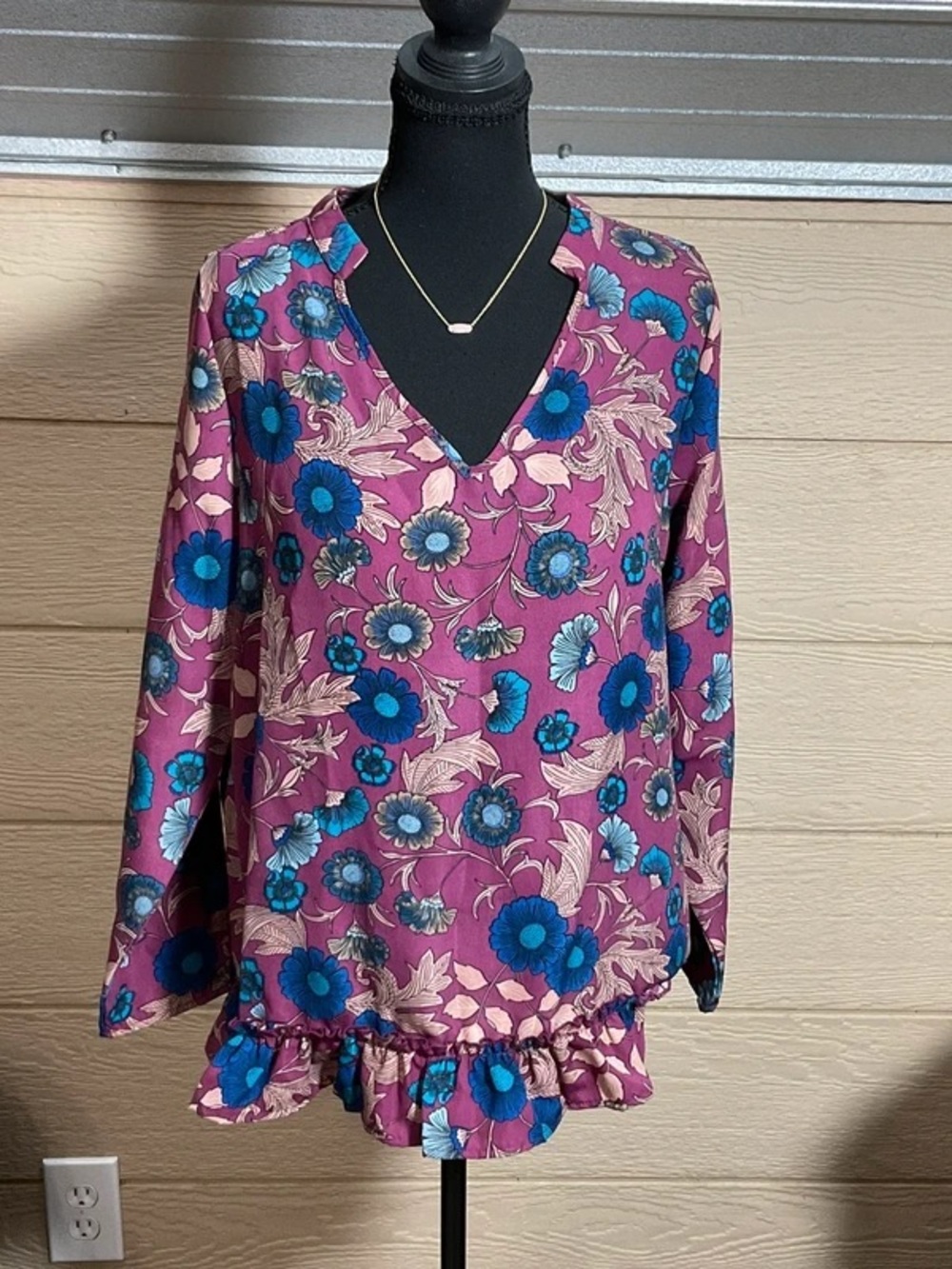 new directions Magenta Floral V-Neck Blouse with Blue Flowers